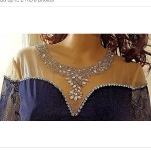 Dark Navy Blue Rhinestones Lace Sequins Gown